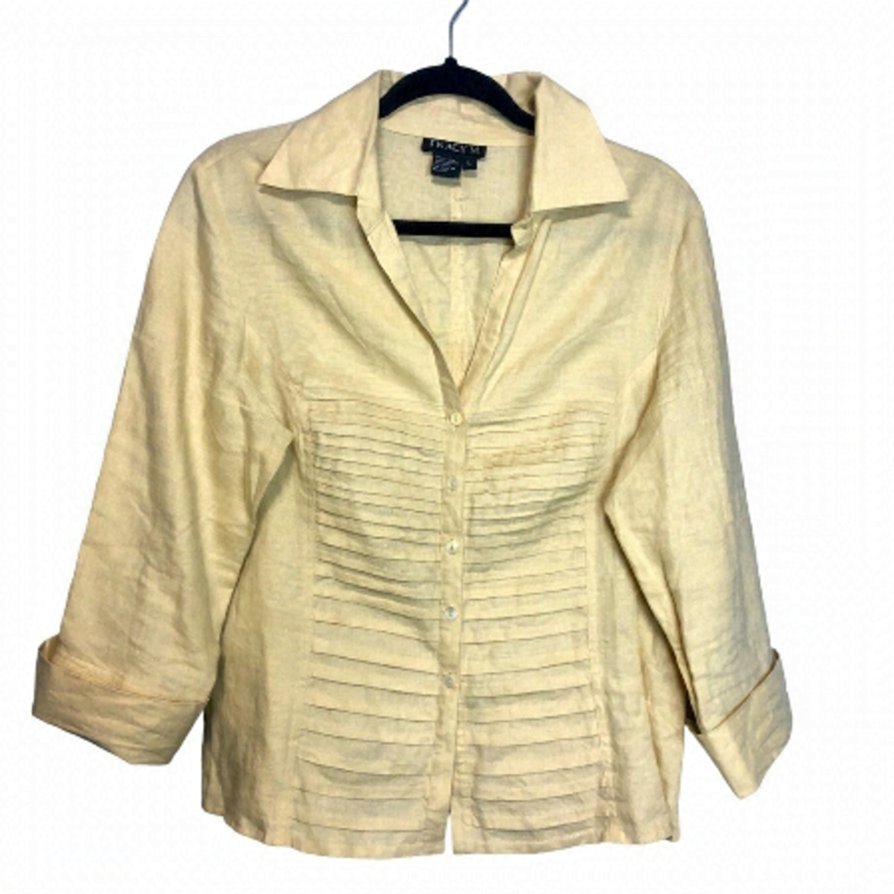 Tracy M Yellow/Tan Linen Button Down Shirt, Size L